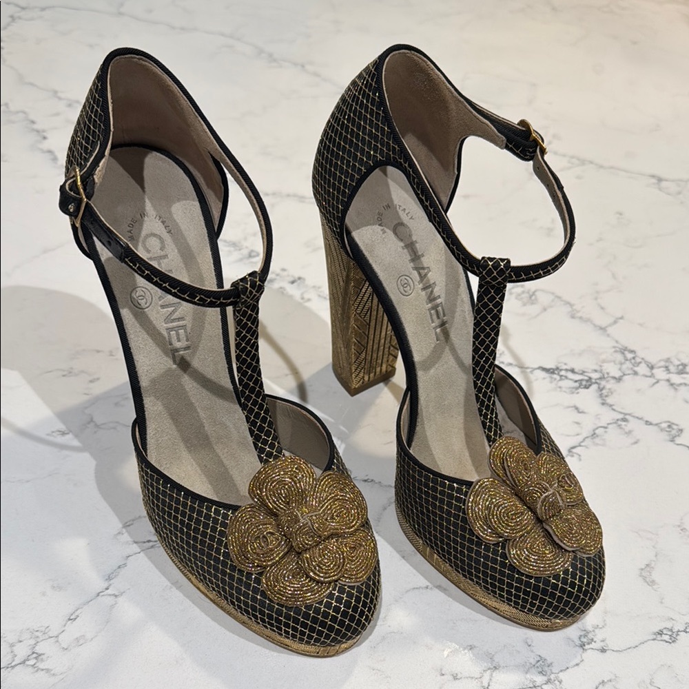 CHANEL Black and Gold T-Strap Heels